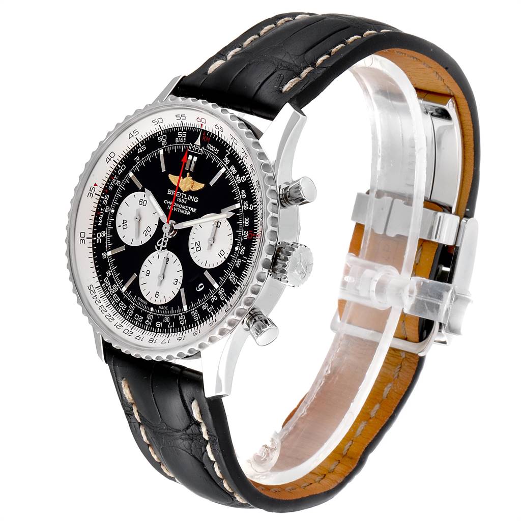 This image shows a Breitling Navitimer AB0120 Men's Stainless Steel Black Dial AB0120 Men's Stainless Steel Black Dial watch at an oblique angle, highlighting its black dial, chronograph subdials, and leather strap.