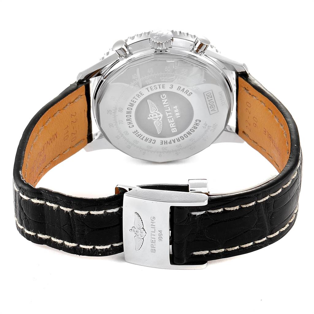 The image shows the back view of a Breitling Navitimer AB0120 Men's Stainless Steel Black Dial AB0120 Men's Stainless Steel Black Dial watch, highlighting its case back and leather strap with a clasp.