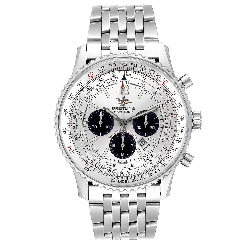 This image shows a front view of the Breitling Navitimer A41322 Men's Stainless Steel Silver Dial A41322 Men's Stainless Steel Silver Dial watch, highlighting the dial, subdials, bezel, and metal bracelet.