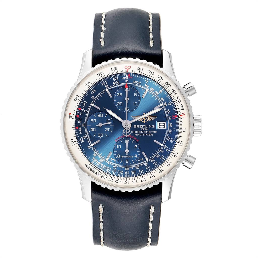 The image shows a front view of a Breitling Navitimer A13324 Men's Stainless Steel Blue Dial A13324 Men's Stainless Steel Blue Dial watch with a blue dial and black leather strap.