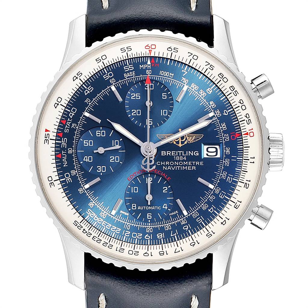 The image shows a frontal view of a Breitling Navitimer A13324 Men's Stainless Steel Blue Dial A13324 Men's Stainless Steel Blue Dial watch, displaying the dial, subdials, crown, and pushers.