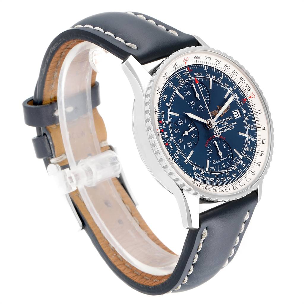 The Breitling Navitimer A13324 Men's Stainless Steel Blue Dial A13324 Men's Stainless Steel Blue Dial watch is shown from an angled side view, displaying the face, case, and leather strap.