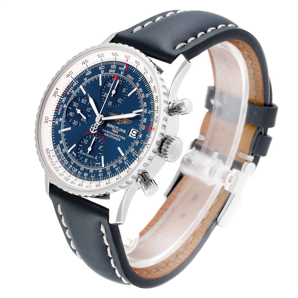 This image shows a Breitling Navitimer A13324 Men's Stainless Steel Blue Dial A13324 Men's Stainless Steel Blue Dial watch from a three-quarter angle, highlighting its face, strap, and side buttons.