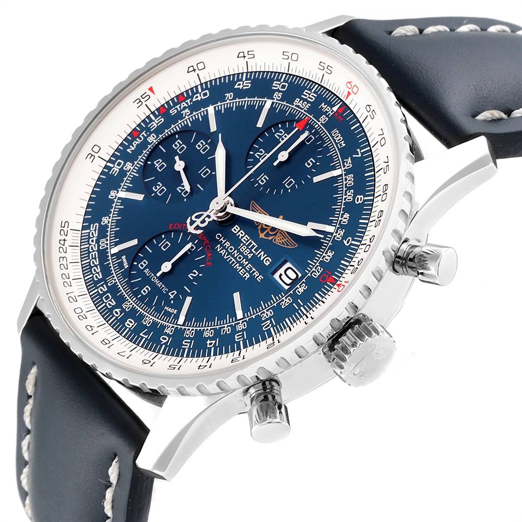 The image shows a Breitling Navitimer A13324 Men's Stainless Steel Blue Dial A13324 Men's Stainless Steel Blue Dial watch at a three-quarter angle, highlighting the dial, bezel, crown, pushers, and part of the leather strap.