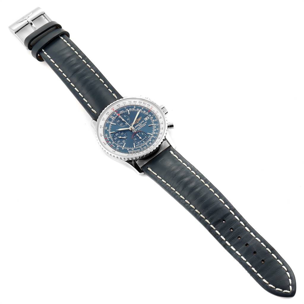 The Breitling Navitimer A13324 Men's Stainless Steel Blue Dial A13324 Men's Stainless Steel Blue Dial watch is shown from a top-down angle, displaying its face, bezel, and leather strap.
