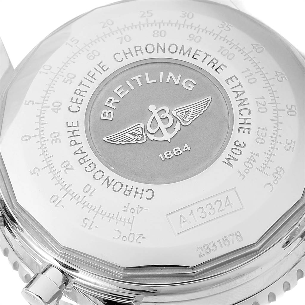 The image shows the back case of a Breitling Navitimer A13324 Men's Stainless Steel Blue Dial A13324 Men's Stainless Steel Blue Dial watch, highlighting engravings and model details.