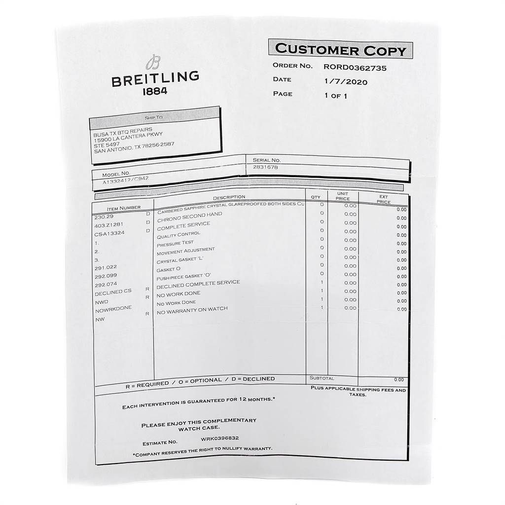 The image shows a repair receipt for the Breitling Navitimer A13324 Men's Stainless Steel Blue Dial A13324 Men's Stainless Steel Blue Dial watch model, detailing parts and services.