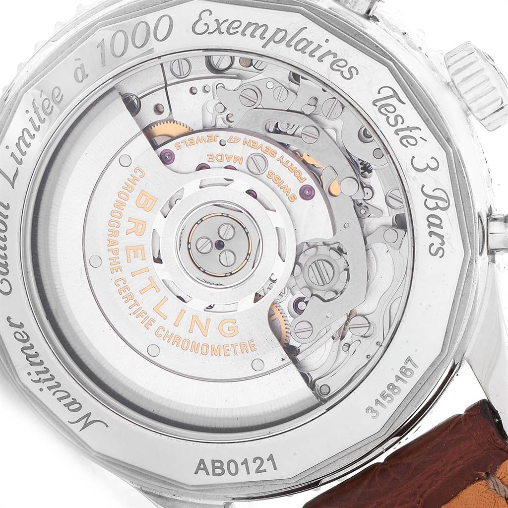This image shows the movement and case back of a Breitling Navitimer AB0121C4-Q605-739P-A20BA.1 Men's Stainless Steel Brown Dial AB0121C4-Q605-739P-A20BA.1 Men's Stainless Steel Brown Dial watch, highlighting its intricate internal mechanisms.