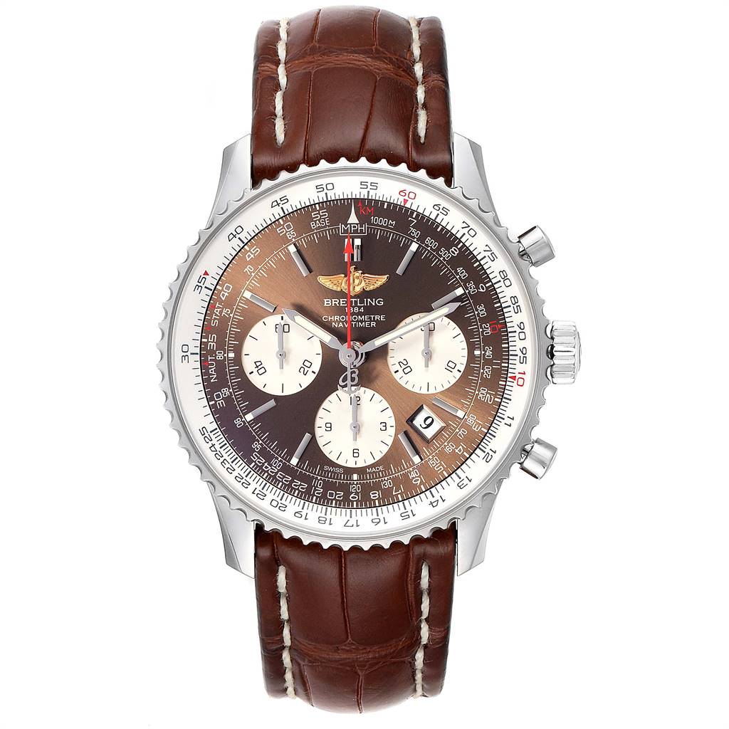 This image shows a front view of the Breitling Navitimer AB0121C4-Q605-739P-A20BA.1 Men's Stainless Steel Brown Dial AB0121C4-Q605-739P-A20BA.1 Men's Stainless Steel Brown Dial watch with a brown leather strap and chronograph features.