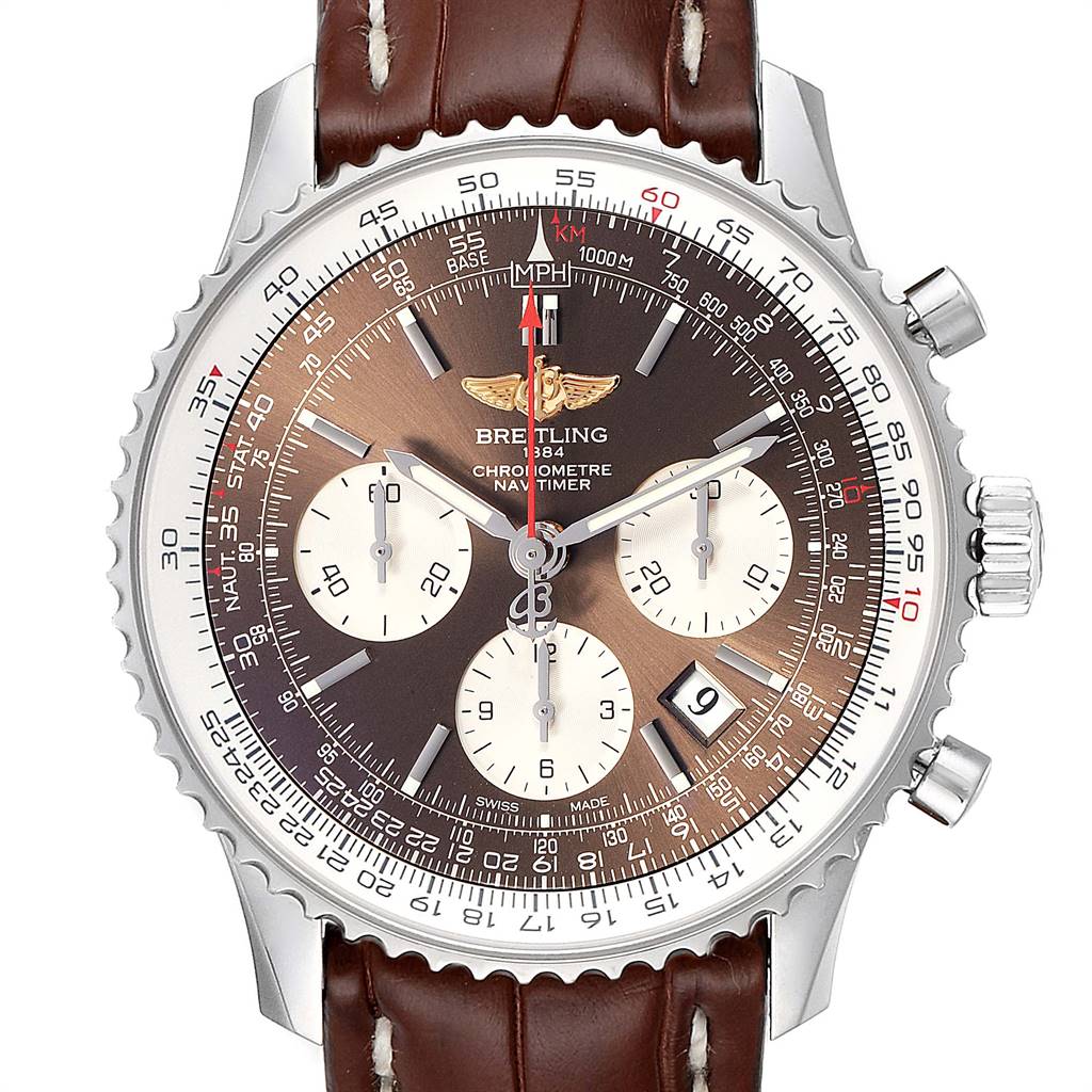 This image shows a front view of the Breitling Navitimer AB0121C4-Q605-739P-A20BA.1 Men's Stainless Steel Brown Dial AB0121C4-Q605-739P-A20BA.1 Men's Stainless Steel Brown Dial watch, highlighting its dial, bezel, and brown leather strap.