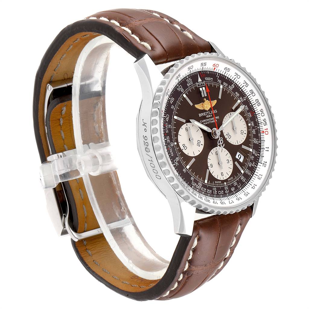 The image shows a side and front angle of the Breitling Navitimer AB0121C4-Q605-739P-A20BA.1 Men's Stainless Steel Brown Dial AB0121C4-Q605-739P-A20BA.1 Men's Stainless Steel Brown Dial watch with a brown leather strap and a detailed dial.