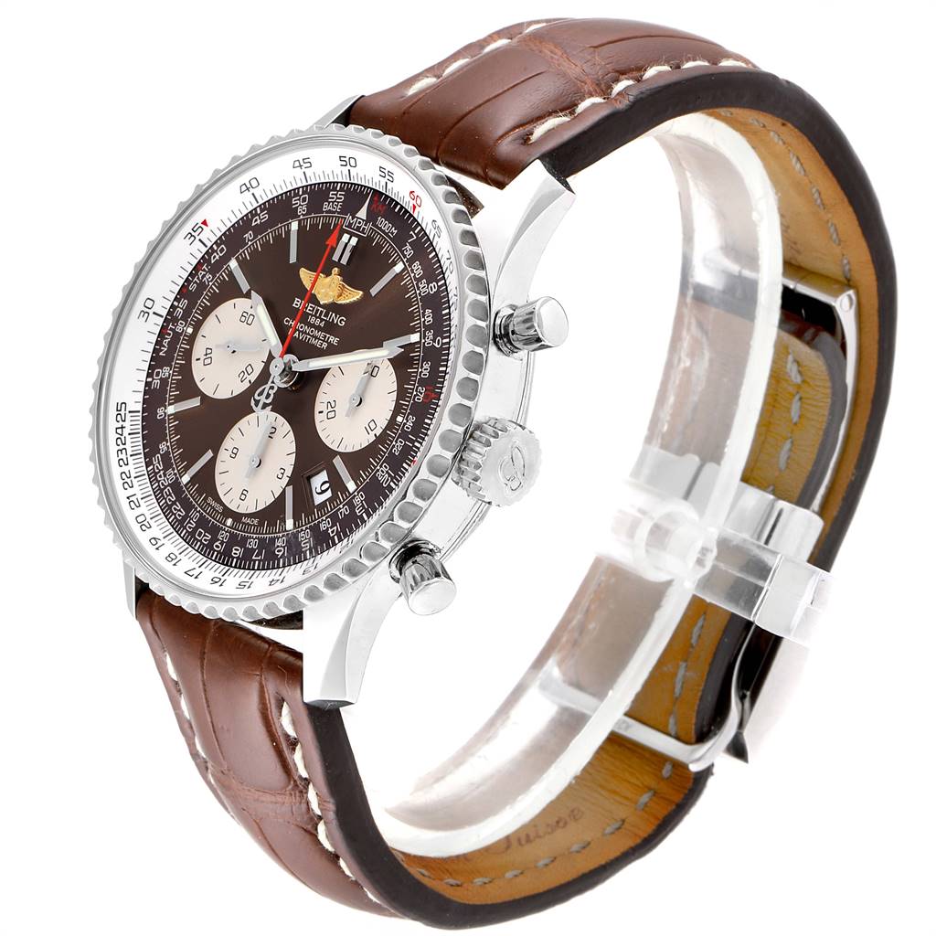 This image shows a side and angled view of the Breitling Navitimer AB0121C4-Q605-739P-A20BA.1 Men's Stainless Steel Brown Dial AB0121C4-Q605-739P-A20BA.1 Men's Stainless Steel Brown Dial watch, highlighting the face, bezel, pushers, and leather strap.
