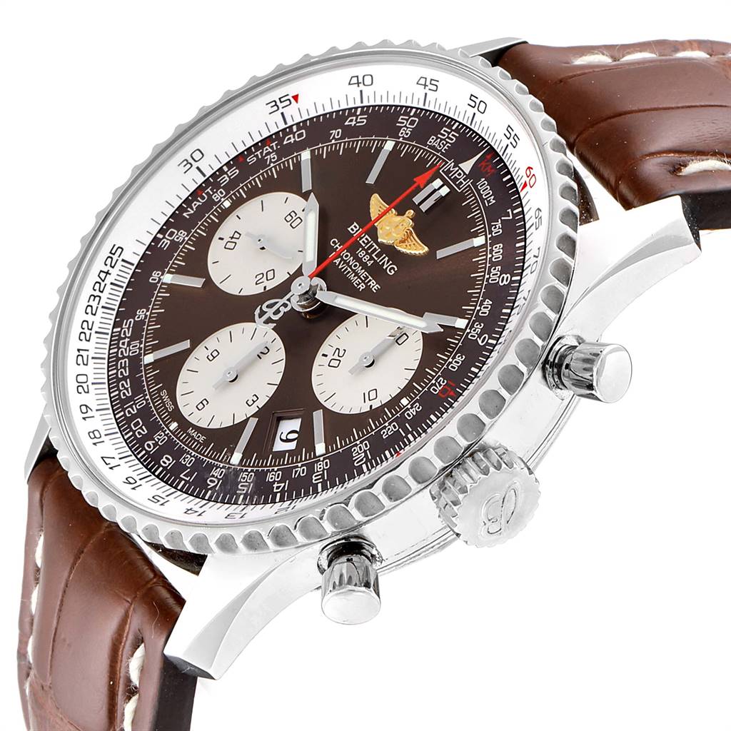This image shows a close-up side view of the Breitling Navitimer AB0121C4-Q605-739P-A20BA.1 Men's Stainless Steel Brown Dial AB0121C4-Q605-739P-A20BA.1 Men's Stainless Steel Brown Dial watch, highlighting the dial, bezel, and crown with pushers.