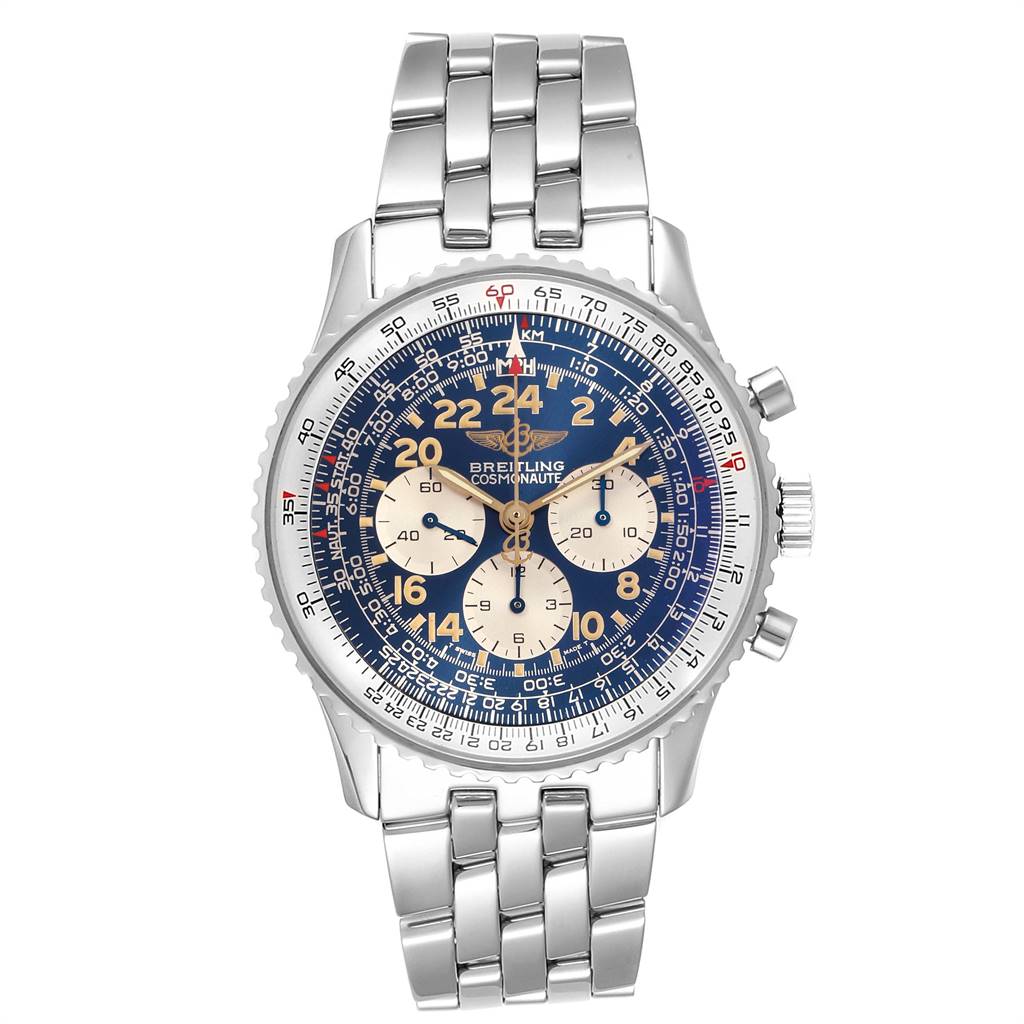 The image shows a front view of a Breitling Navitimer D12023 Men
s Stainless Steel Blue Dial D12023 Men
s Stainless Steel Blue Dial watch, displaying its dial, bezel, and metal bracelet.