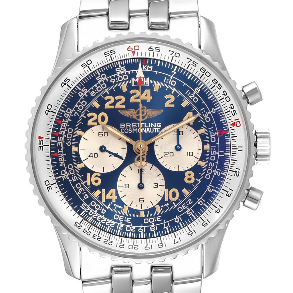 The image shows a Breitling Navitimer D12023 Men
s Stainless Steel Blue Dial D12023 Men
s Stainless Steel Blue Dial watch from a front angle, displaying the face, bezel, crown, pushers, and part of the bracelet.