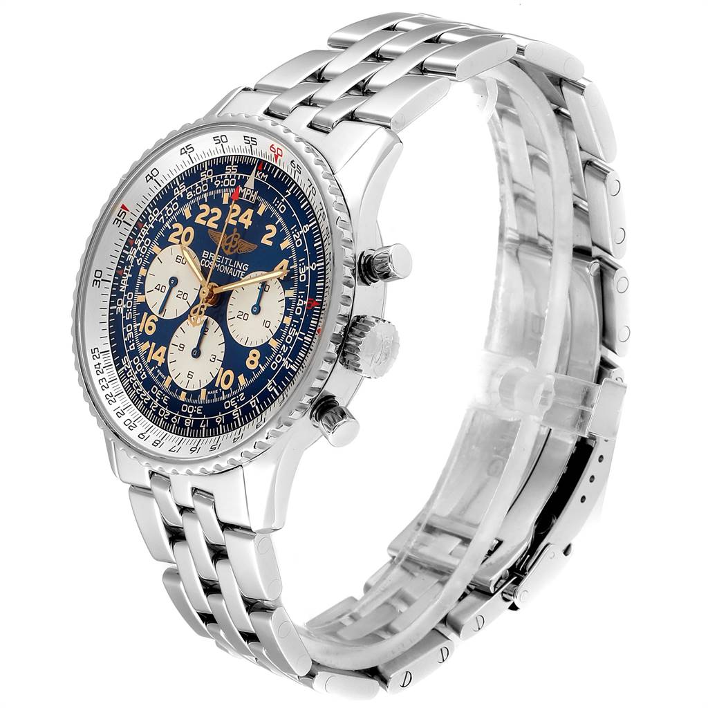 The photo shows the Breitling Navitimer D12023 Men
s Stainless Steel Blue Dial D12023 Men
s Stainless Steel Blue Dial watch from a right side angle, displaying the face, bezel, pushers, crown, and bracelet.