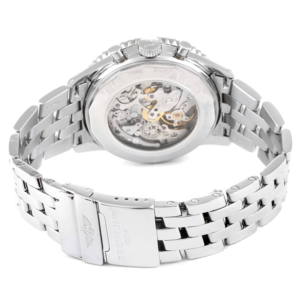 This image shows the rear view of a Breitling Navitimer D12023 Men
s Stainless Steel Blue Dial D12023 Men
s Stainless Steel Blue Dial watch, highlighting its bracelet, clasp, and visible movement through the case back.