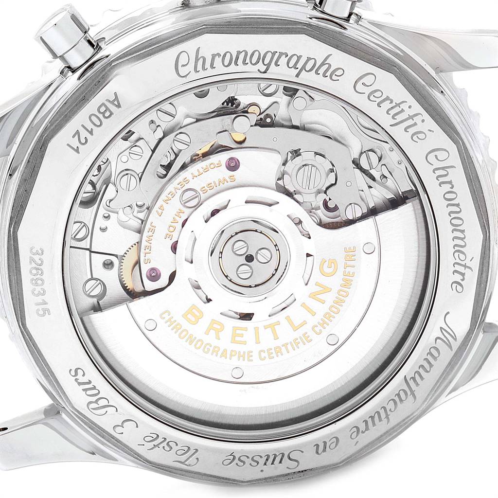 The image shows the rear view of the Breitling Navitimer AB0121 Men
s Stainless Steel Black Dial AB0121 Men
s Stainless Steel Black Dial watch, displaying its inner mechanical movement and rotor.