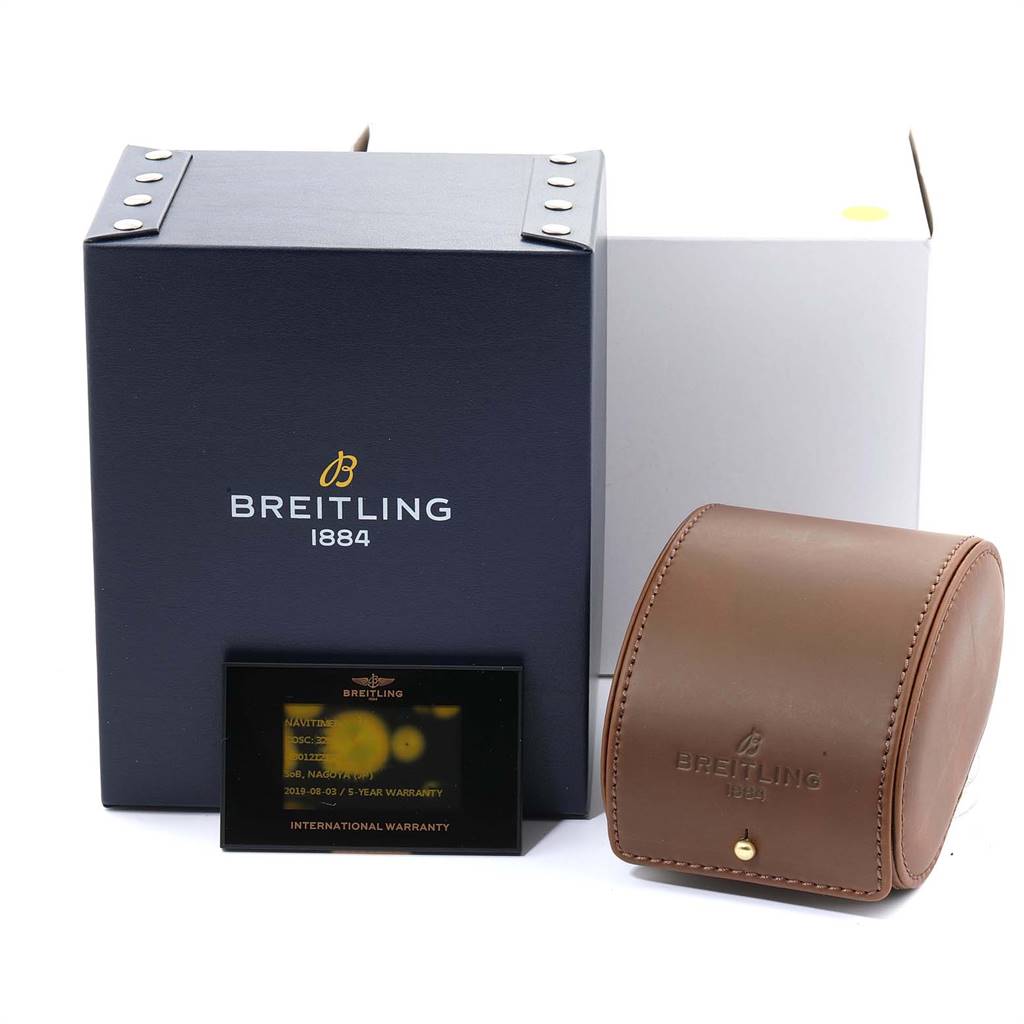 The image shows the packaging, warranty card, and a leather carrying case for the Breitling Navitimer AB0121 Men
s Stainless Steel Black Dial AB0121 Men
s Stainless Steel Black Dial watch.