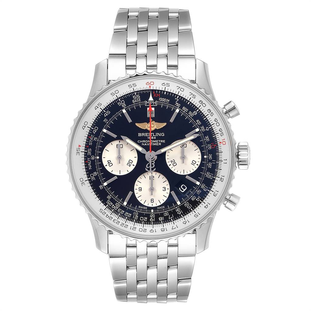 This image shows a front view of the Breitling Navitimer AB0121 Men
s Stainless Steel Black Dial AB0121 Men
s Stainless Steel Black Dial watch, showcasing its dial, bezel, chronograph subdials, and metal bracelet.