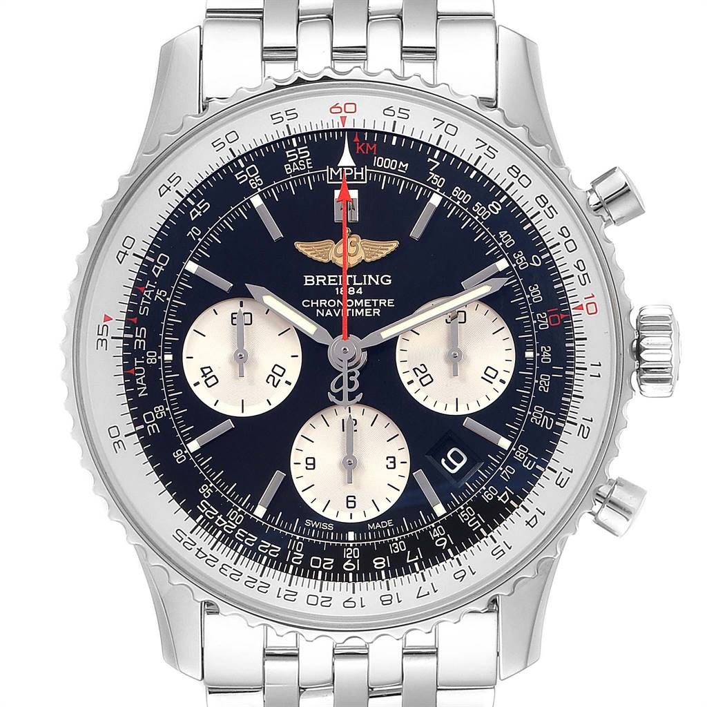 The image displays a front view of a Breitling Navitimer AB0121 Men
s Stainless Steel Black Dial AB0121 Men
s Stainless Steel Black Dial watch, showcasing its dial, bezel, and stainless steel bracelet.