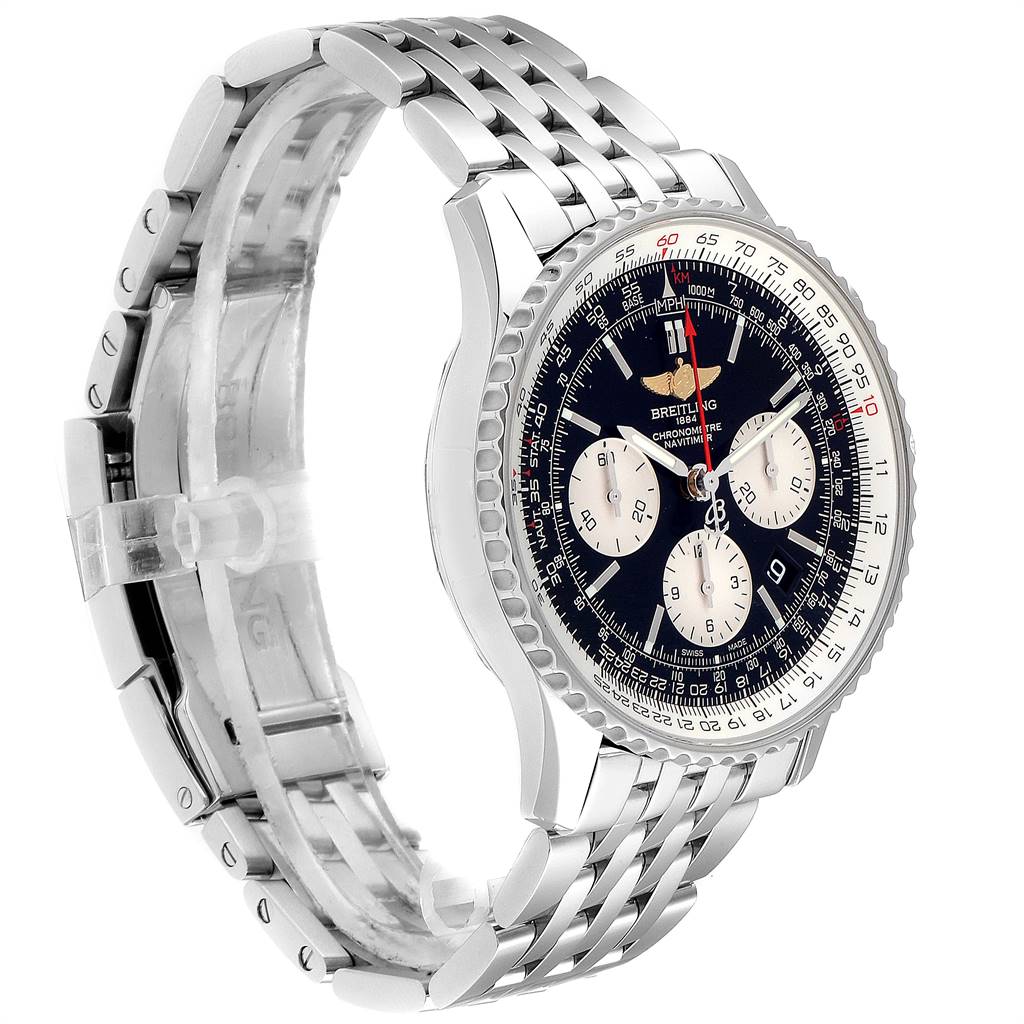 The Breitling Navitimer AB0121 Men
s Stainless Steel Black Dial AB0121 Men
s Stainless Steel Black Dial watch is shown at a side angle highlighting its face, bezel, and metal bracelet.