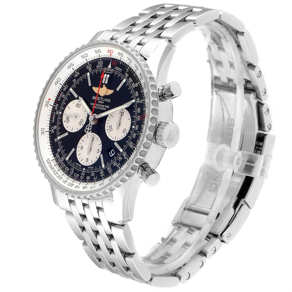 The image shows a side angle of the Breitling Navitimer AB0121 Men
s Stainless Steel Black Dial AB0121 Men
s Stainless Steel Black Dial watch, highlighting the face, bezel, crown, pushers, and metal bracelet.