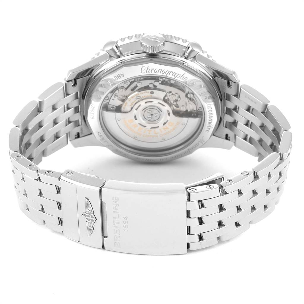 The image shows the back view of a Breitling Navitimer AB0121 Men
s Stainless Steel Black Dial AB0121 Men
s Stainless Steel Black Dial, highlighting its see-through case back and metal bracelet.