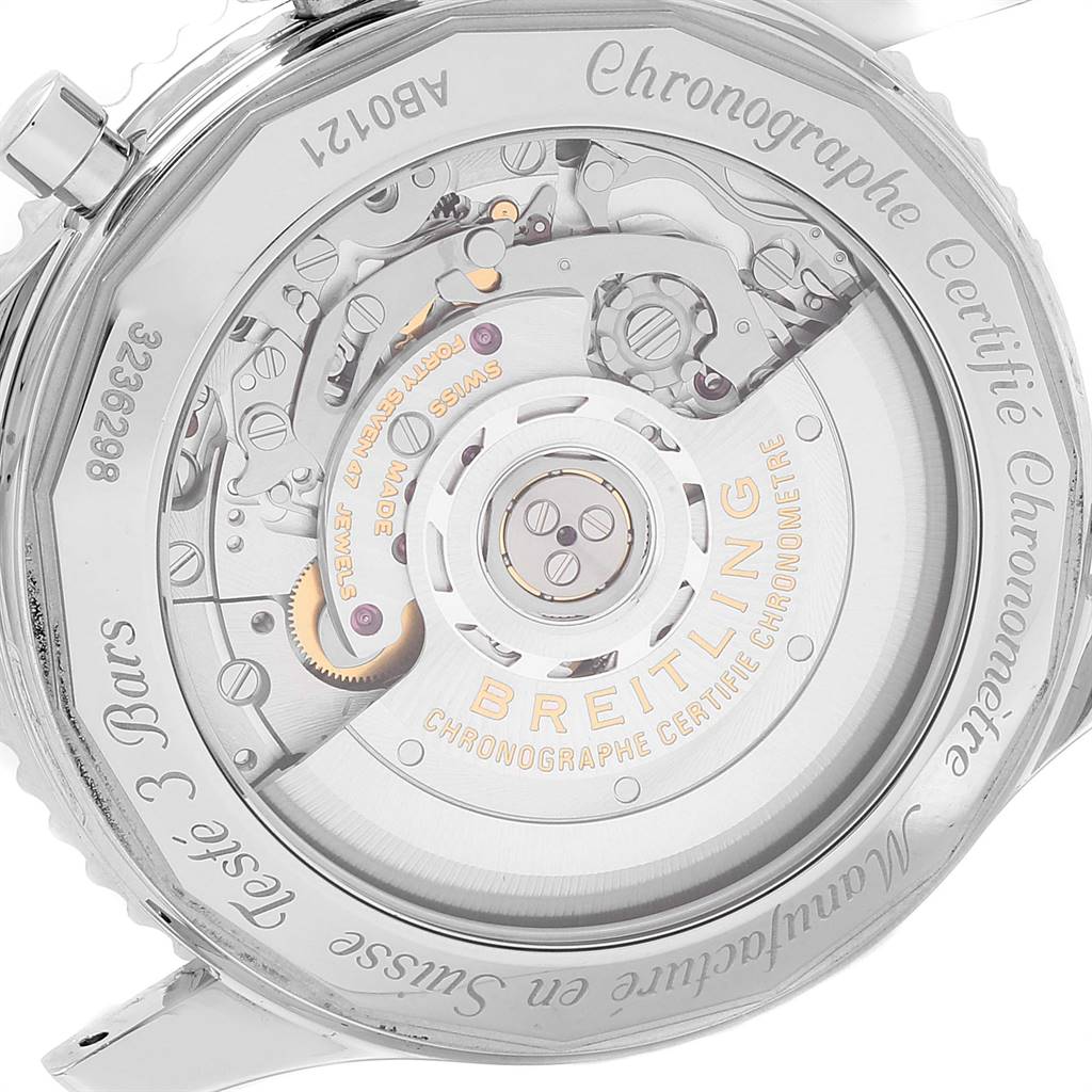 The image shows the back view of a Breitling Navitimer AB0121211C1A1 Men's Stainless Steel Blue Dial AB0121211C1A1 Men's Stainless Steel Blue Dial watch, highlighting its intricate movement and chronograph mechanics.