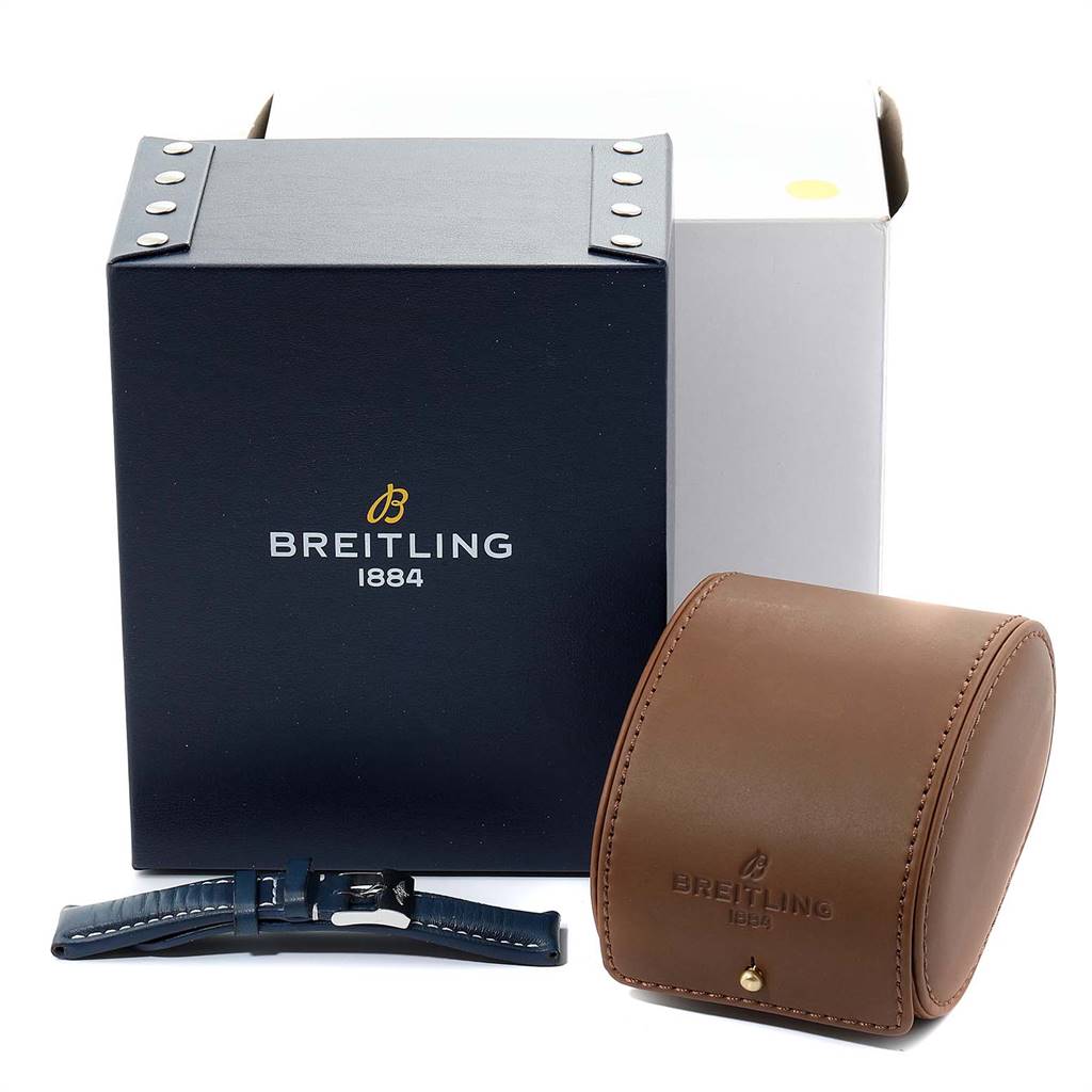 The image shows the box, leather case, and an extra strap for a Breitling Navitimer AB0121211C1A1 Men's Stainless Steel Blue Dial AB0121211C1A1 Men's Stainless Steel Blue Dial watch.