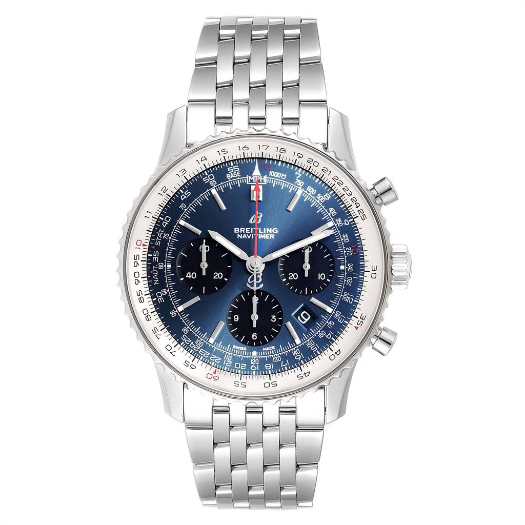 The image shows a frontal view of a Breitling Navitimer AB0121211C1A1 Men's Stainless Steel Blue Dial AB0121211C1A1 Men's Stainless Steel Blue Dial, featuring the watch face and stainless steel bracelet.