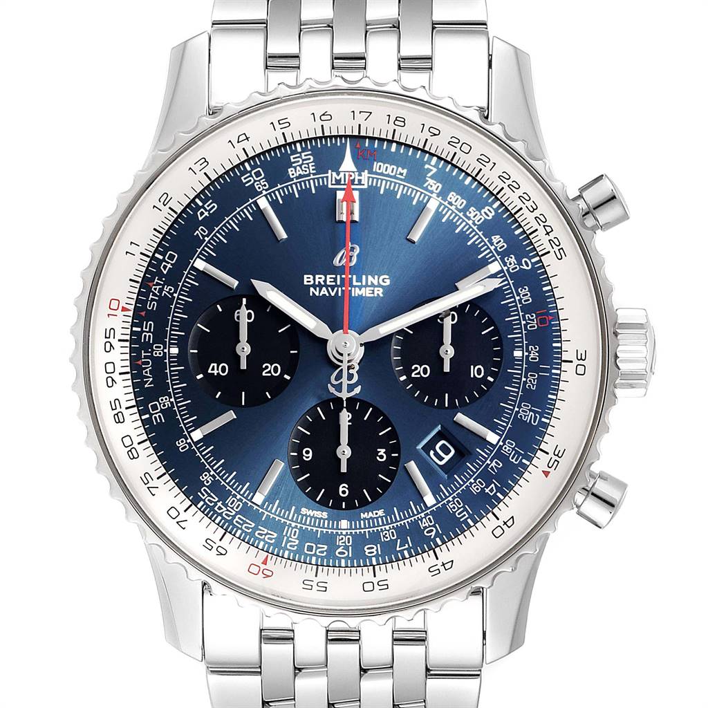 The image shows a front view of a Breitling Navitimer AB0121211C1A1 Men's Stainless Steel Blue Dial AB0121211C1A1 Men's Stainless Steel Blue Dial watch, highlighting its dial, subdials, crown, pushers, and stainless steel bracelet.