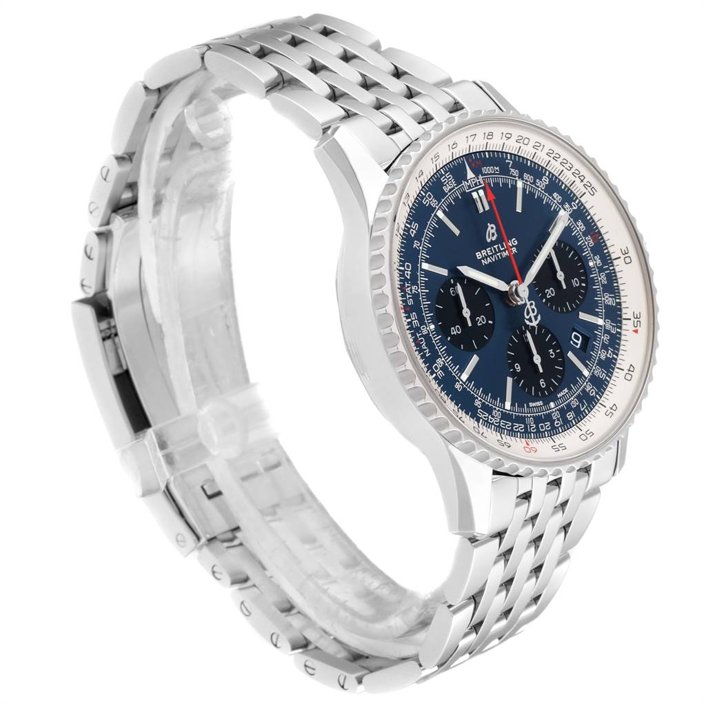 This image shows a side angle of a Breitling Navitimer AB0121211C1A1 Men's Stainless Steel Blue Dial AB0121211C1A1 Men's Stainless Steel Blue Dial watch, displaying its face, bezel, and metal bracelet.