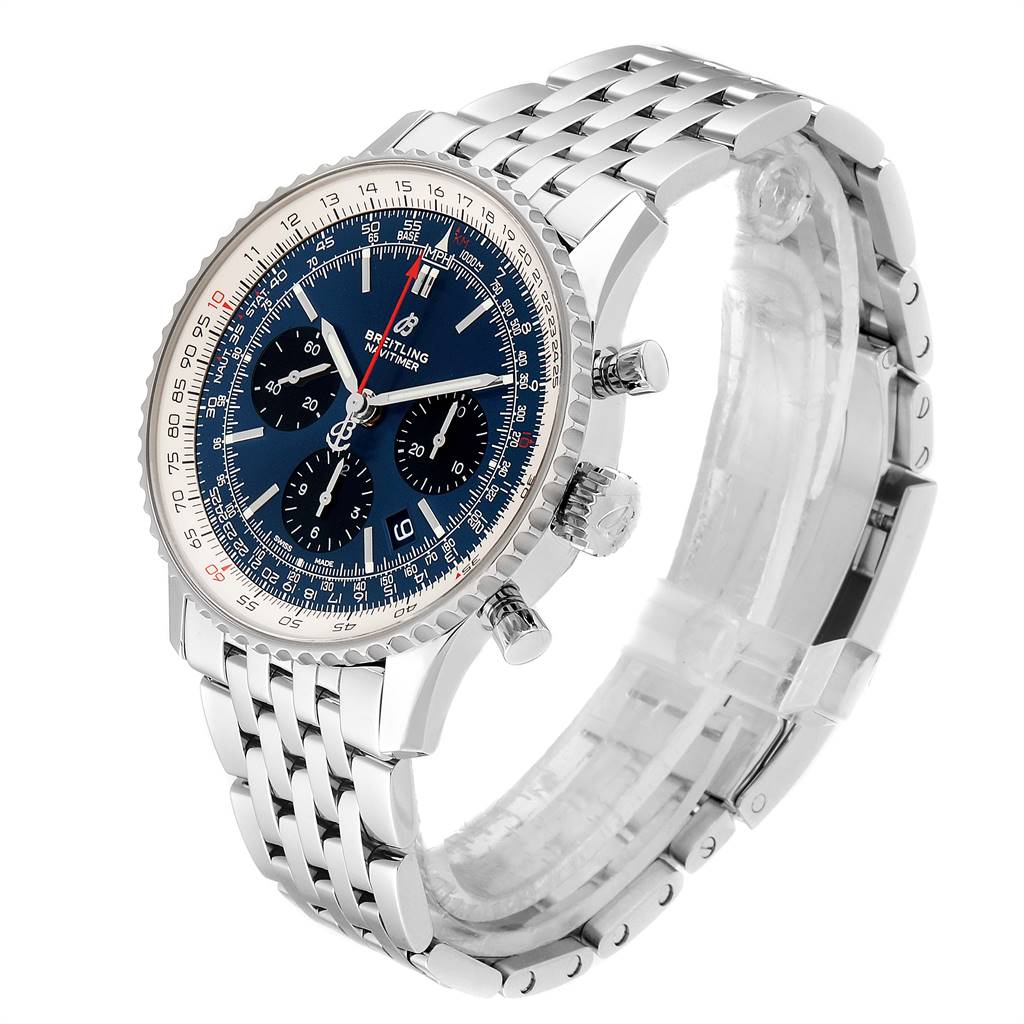 The Breitling Navitimer AB0121211C1A1 Men's Stainless Steel Blue Dial AB0121211C1A1 Men's Stainless Steel Blue Dial watch is shown at a three-quarter angle, displaying the face, crown, pushers, and bracelet in detail.