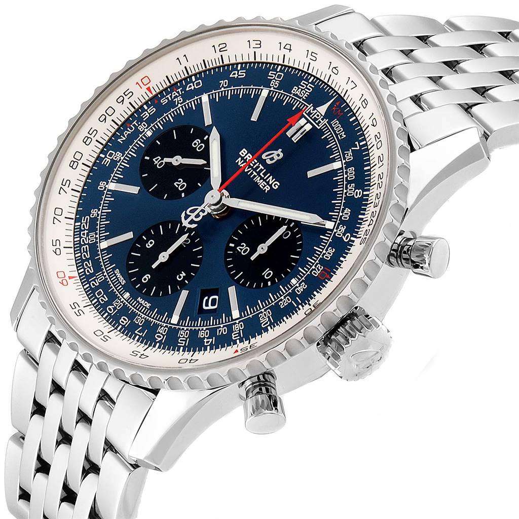 The image shows a close-up side angle of the Breitling Navitimer AB0121211C1A1 Men's Stainless Steel Blue Dial AB0121211C1A1 Men's Stainless Steel Blue Dial watch, displaying the face, bezel, crown, chronograph pushers, and metal bracelet.