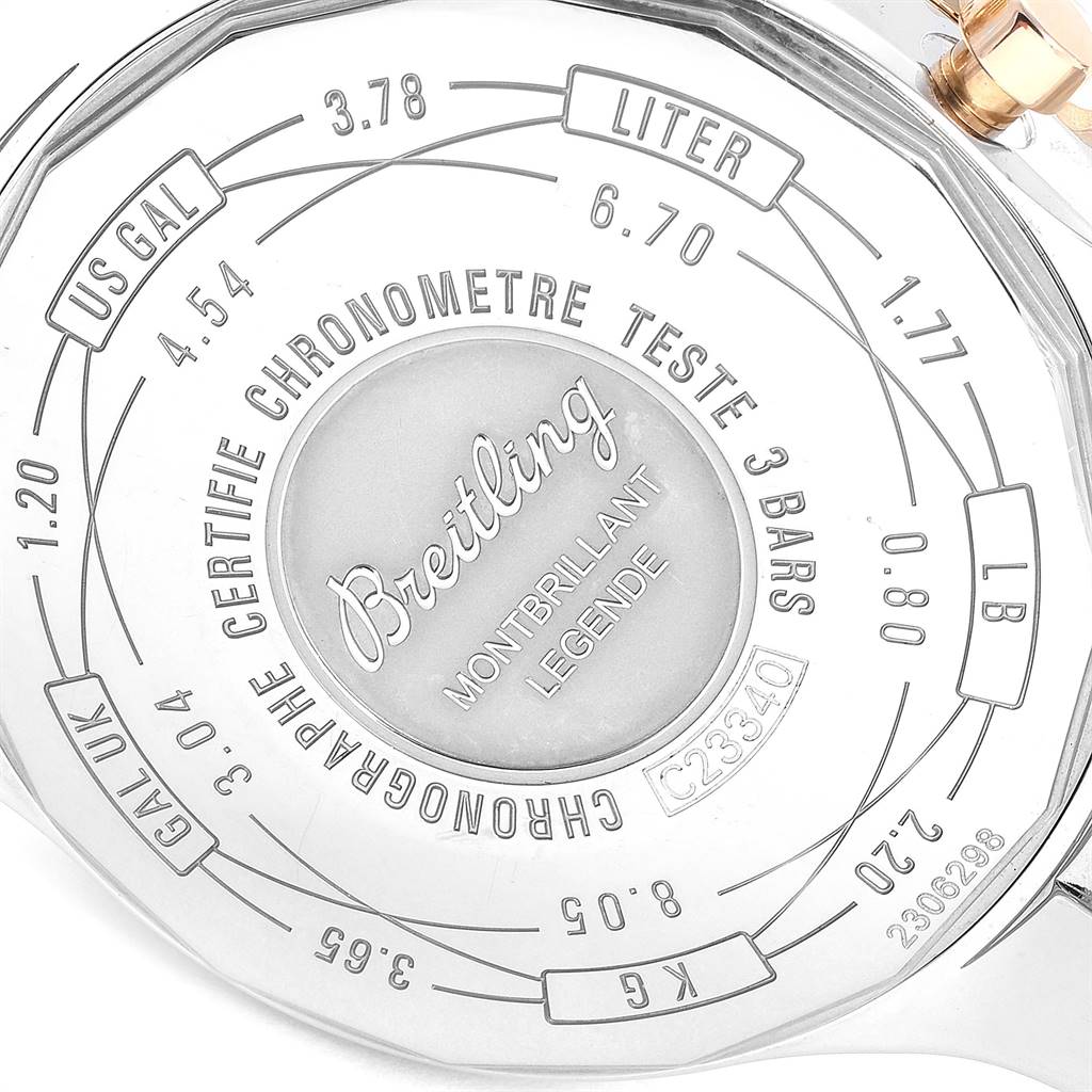 This image shows the case back of a Breitling Navitimer C23340 Men
s Steel and Gold (two tone) Black Dial C23340 Men
s Steel and Gold (two tone) Black Dial Montbrillant Legende watch, featuring various units of measurement.