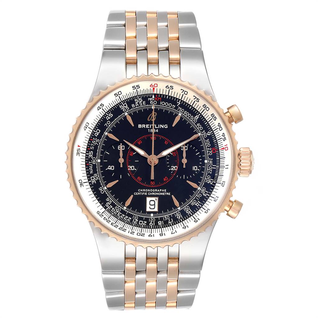 The Breitling Navitimer C23340 Men
s Steel and Gold (two tone) Black Dial C23340 Men
s Steel and Gold (two tone) Black Dial watch is shown from a front angle, displaying its face, bezel, and part of the bracelet.