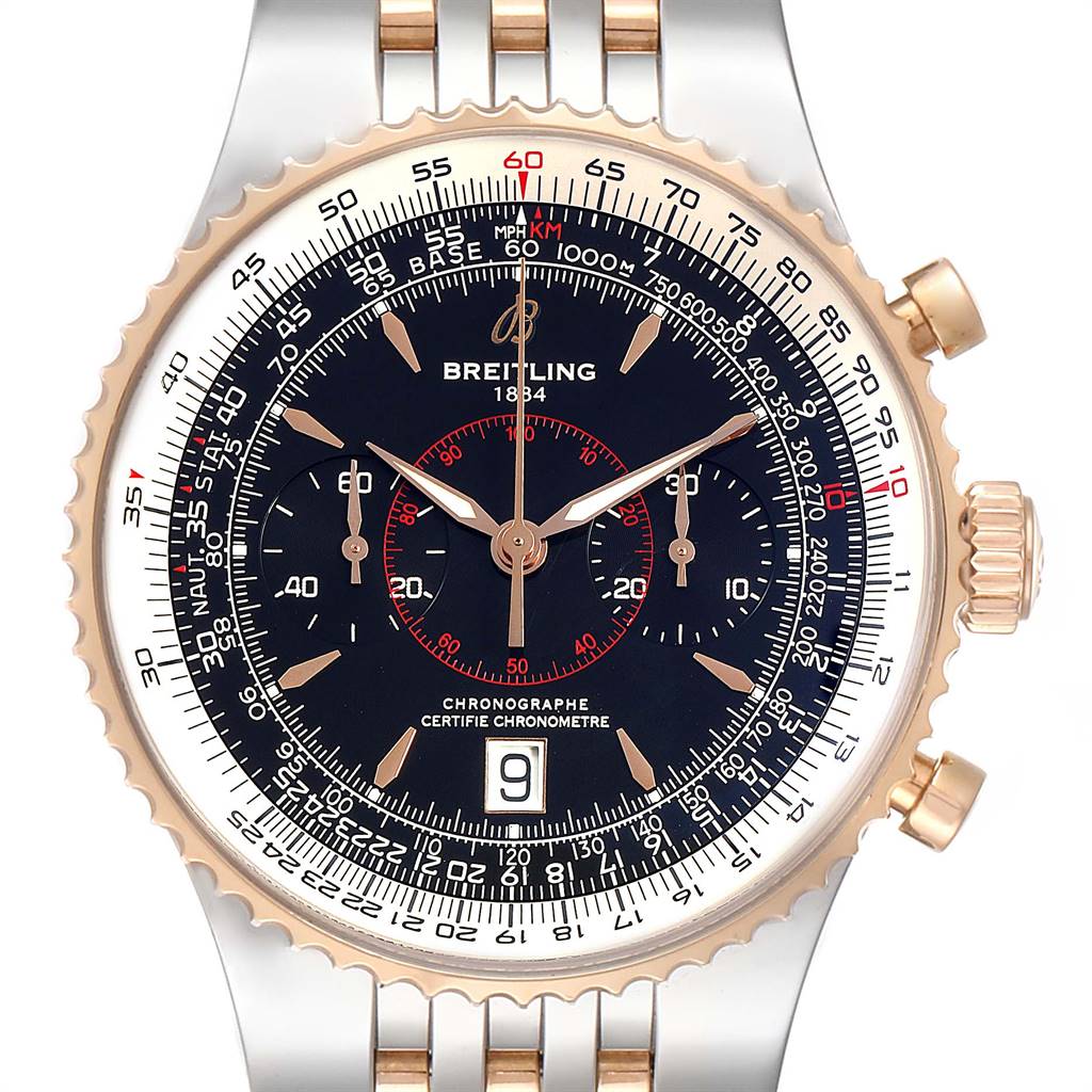 The image shows a front view of the Breitling Navitimer C23340 Men
s Steel and Gold (two tone) Black Dial C23340 Men
s Steel and Gold (two tone) Black Dial watch, highlighting its dial, bezel, and part of the bracelet.