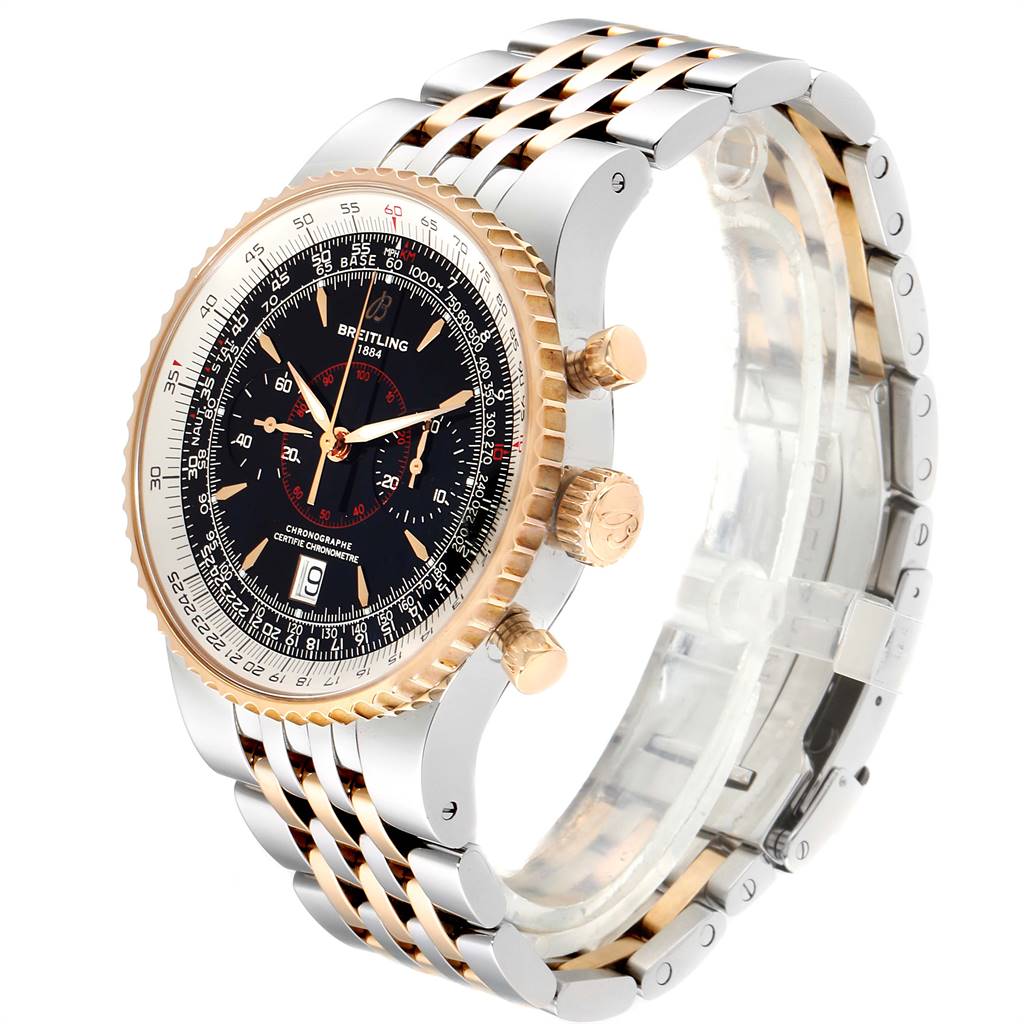 This image shows a Breitling Navitimer C23340 Men
s Steel and Gold (two tone) Black Dial C23340 Men
s Steel and Gold (two tone) Black Dial watch at a slight angle, highlighting its case, dial, bezel, and bracelet.