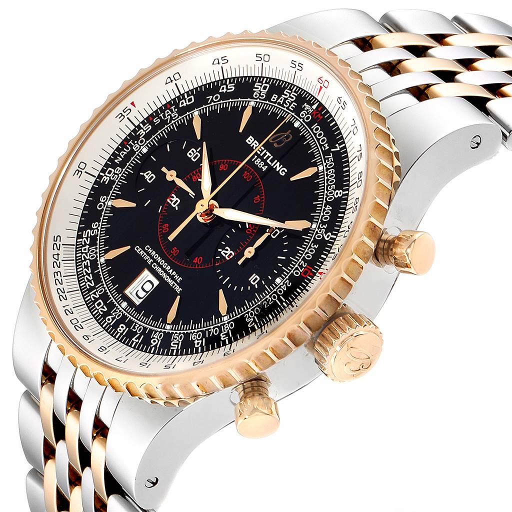 The image shows a close-up, angled view of the face and side of a Breitling Navitimer C23340 Men
s Steel and Gold (two tone) Black Dial C23340 Men
s Steel and Gold (two tone) Black Dial watch, highlighting the dial, bezel, crown, and pushers.