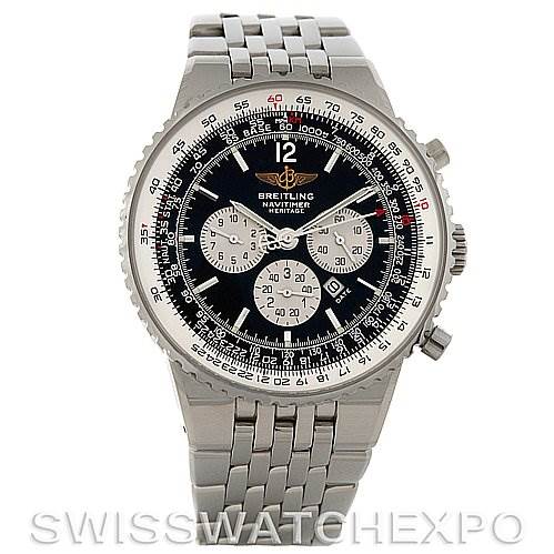 This image shows a Breitling Navitimer B13050.1 Stainless Steel Black Dial B13050.1 Stainless Steel Black Dial watch from the front, highlighting its dial, bezel, subdials, and metal bracelet.