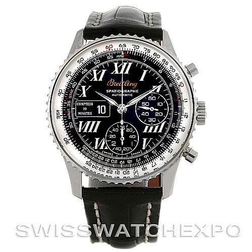 This image shows a front view of a Breitling Navitimer A36330 Men's Stainless Steel Black Dial A36330 Men's Stainless Steel Black Dial watch featuring a black dial, Roman numeral markers, and a leather strap.