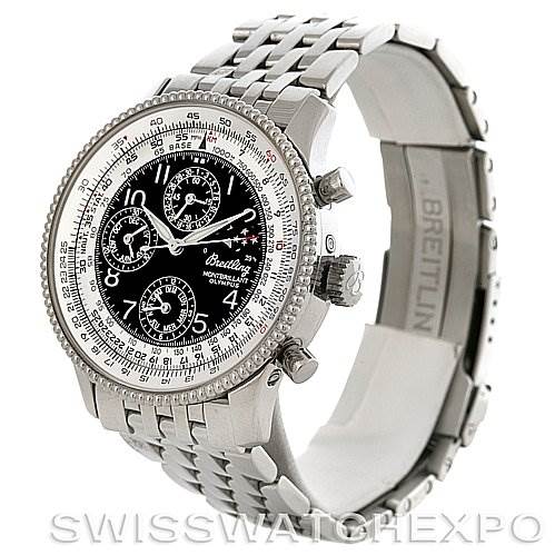 The image shows a Breitling Navitimer A1935012/B774SS Men's Stainless Steel Black Dial A1935012/B774SS Men's Stainless Steel Black Dial watch at a three-quarter angle, highlighting its face, bezel, pushers, crown, and metal band.