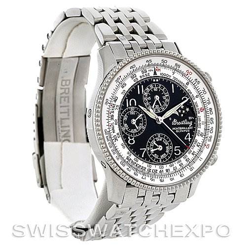 The image shows a Breitling Navitimer A1935012/B774SS Men's Stainless Steel Black Dial A1935012/B774SS Men's Stainless Steel Black Dial watch at a three-quarter angle from the front-left side, displaying the dial, bezel, and stainless steel bracelet.