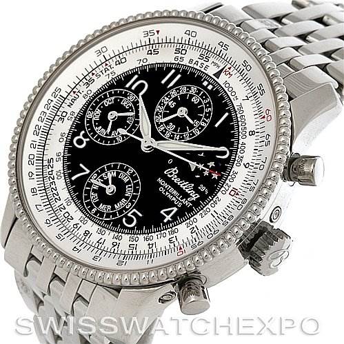 The image shows a close-up, angled view of the Breitling Navitimer A1935012/B774SS Men's Stainless Steel Black Dial A1935012/B774SS Men's Stainless Steel Black Dial watch, highlighting the bezel, dial, subdials, and bracelet.