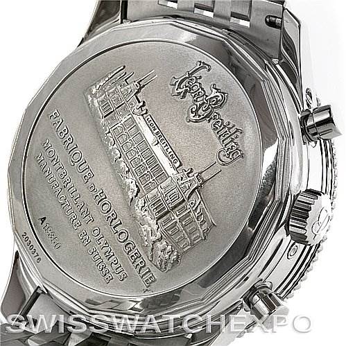 The image shows the back case of a Breitling Navitimer A1935012/B774SS Men's Stainless Steel Black Dial A1935012/B774SS Men's Stainless Steel Black Dial watch, highlighting the engraving details and part of the metal bracelet.