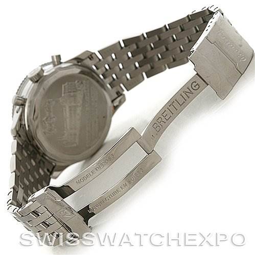 The image shows the back and metal bracelet of a Breitling Navitimer A1935012/B774SS Men's Stainless Steel Black Dial A1935012/B774SS Men's Stainless Steel Black Dial watch from a high-angle view.