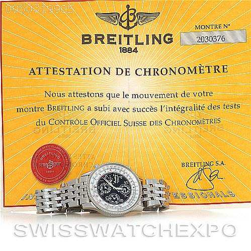 The image shows a Breitling Navitimer A1935012/B774SS Men's Stainless Steel Black Dial A1935012/B774SS Men's Stainless Steel Black Dial watch, displayed flat with its certificate of authenticity visible in the background.