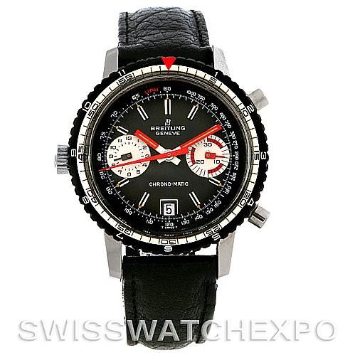 The image shows a front view of the Breitling Navitimer 2110 Men's Stainless Steel Black Dial 2110 Men's Stainless Steel Black Dial Chrono-Matic watch, highlighting its face, bezel, and leather strap.