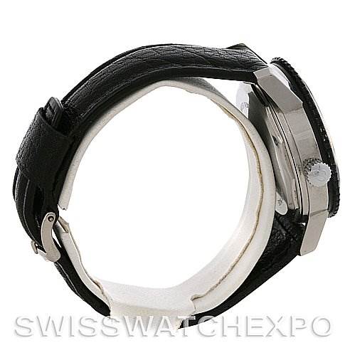 This Breitling Navitimer 2110 Men's Stainless Steel Black Dial 2110 Men's Stainless Steel Black Dial is shown from a side angle, highlighting its crown, pushers, and black leather strap.